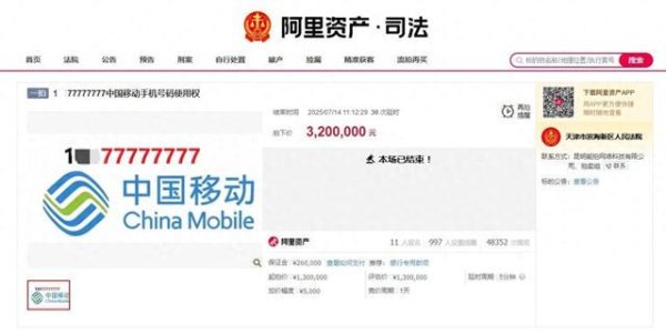 快牛策略 11人出价46轮！尾号“8个7”手机号拍出320万元